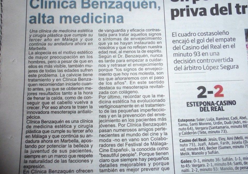 Clínica Benzaquén en Diario Sur, y su tratamiento de la calvicie